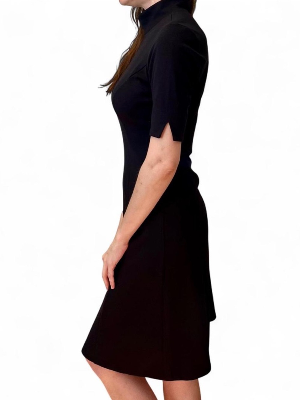 Vintage 90s Black Fit & Flare Turtleneck Midi Dress W/Three-Quarter Sleeves SZ 6